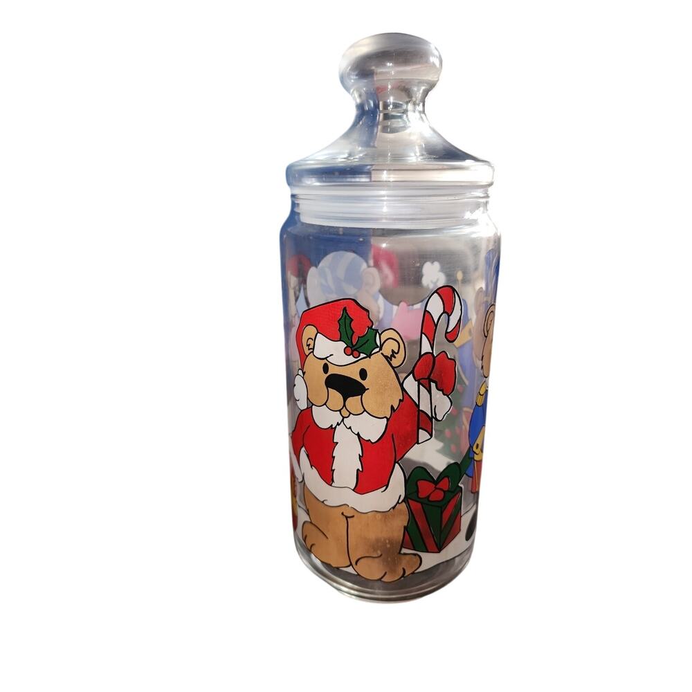 Vintage Luminarc Christmas Polar Bears Snowman  Glass Jar Cookie Canister